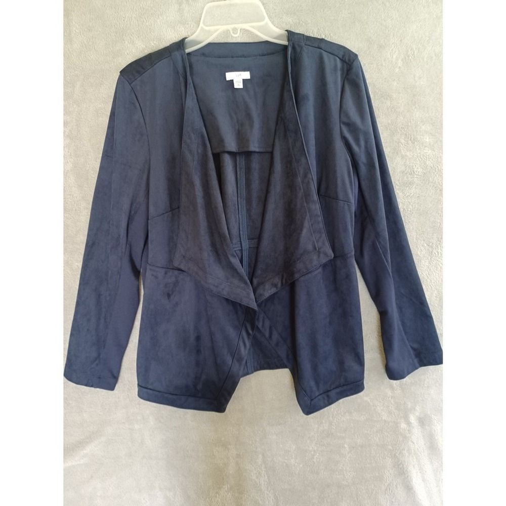 J Jill LP Blazer Navy Blue Open Drape Front Faux Suede Unstructured Office Boho